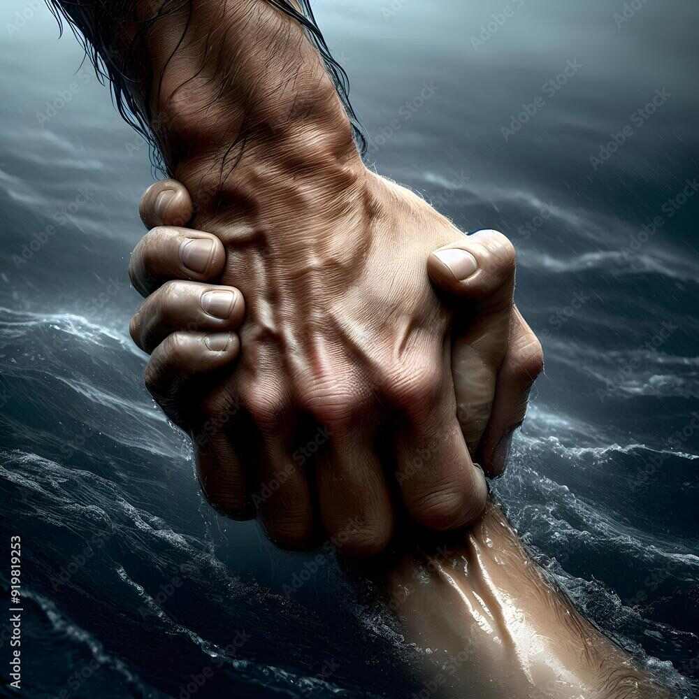 An emotionally charged and realistic image of Jesus rescuing a drowning man, encapsulating ...