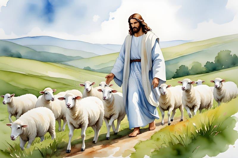 Jesus, the Good Shepherd, Guides His Flock of Sheep through a Beautiful Watercolor Landscape ...
