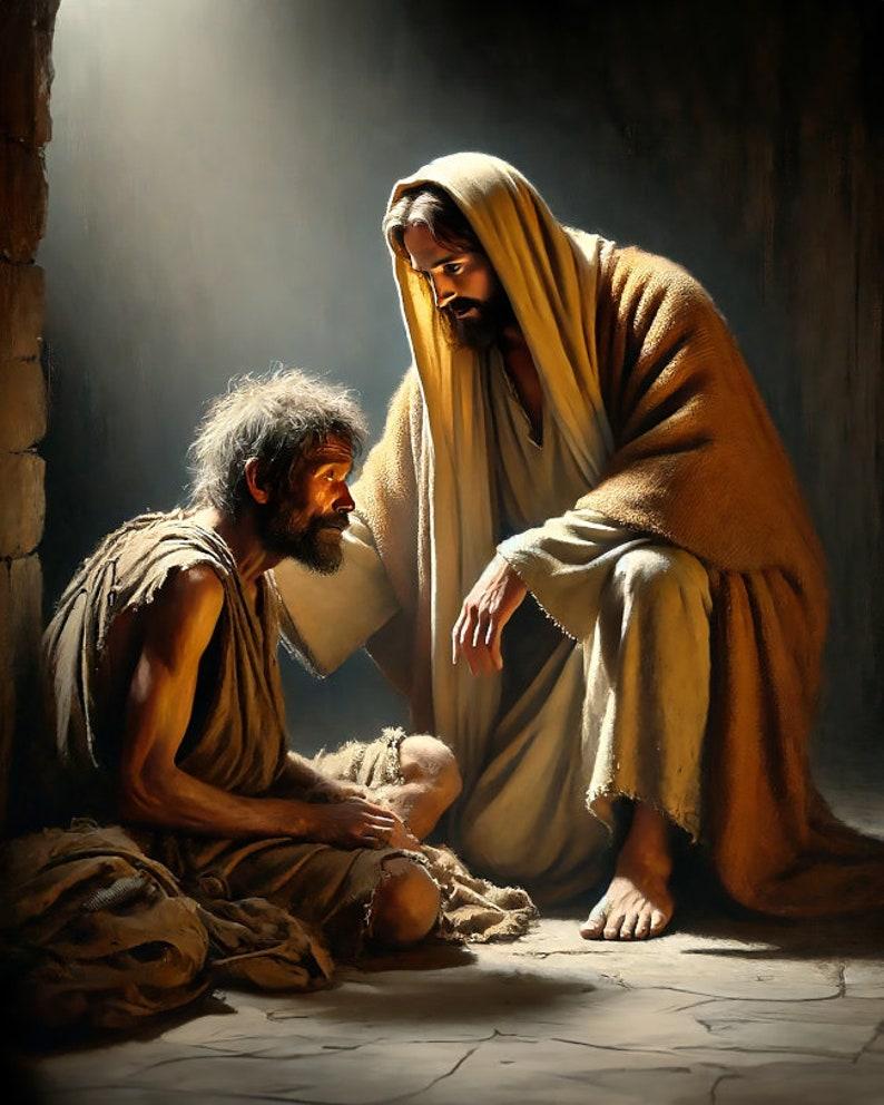 May include: A painting depicting a man in a brown robe reaching out to a man in tattered clothing. The man in the robe has a kind expression on his face, while the man in the tattered clothing looks down at the ground. The painting is set in a dimly lit room with a single light source illuminating the figures.